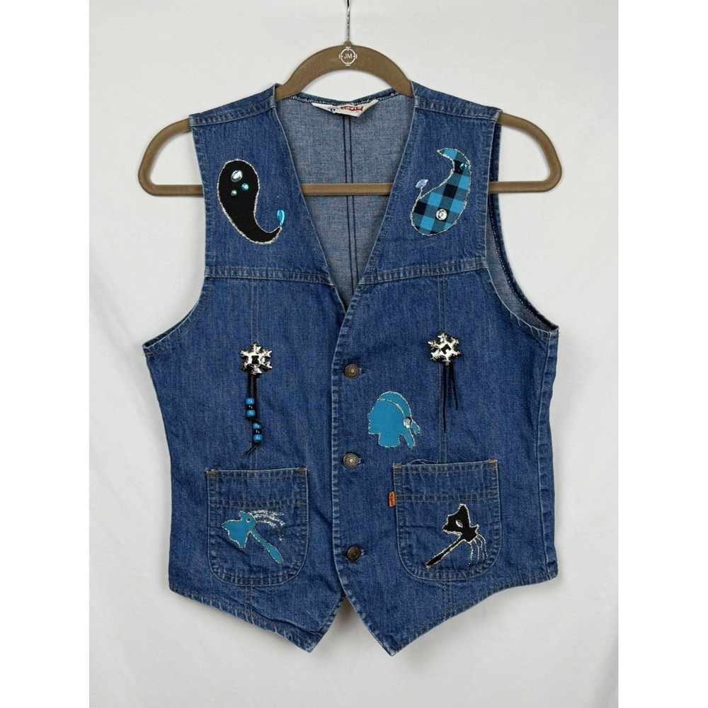 Vintage Levis 70s Orange‎ Tab Denim Vest Womens M Custom Art Beaded Western Boho